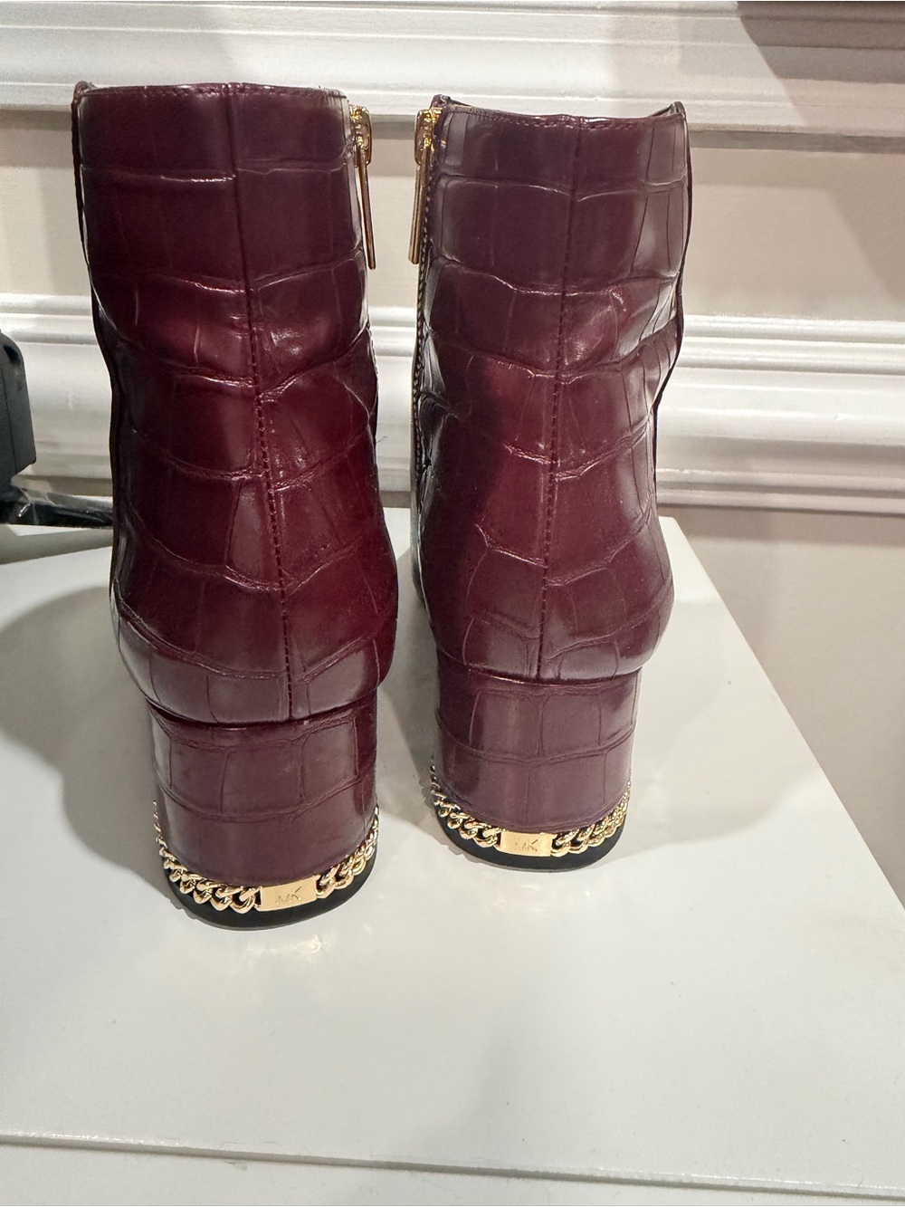 Michael Kors Burgundy Croc-Detail Block Heel Ankle Boots with Gold Chain - Picture 3 of 11